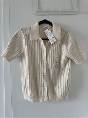 UNIQLO Cream Short-Sleeve Ribbed Button-Down Cardigan